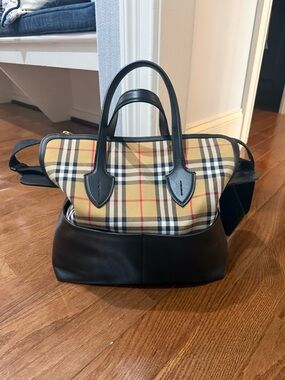 Burberry Black Leather & Beige Nova Check diaper bag